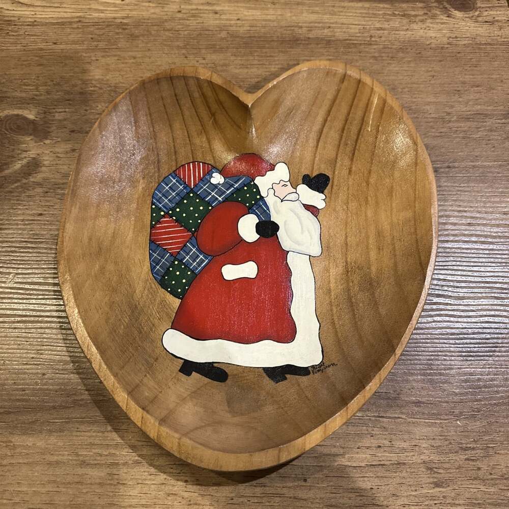 Hand Painted Wooden Santa Heart Bowl Quilted Santa Sack Folk Art Holiday